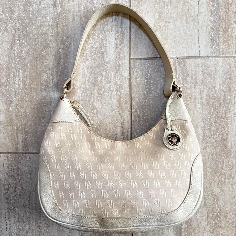 Vintage Dooney & Bourke Cream Monogram Canvas Mini Hobo Bag Y2K White Shoulder